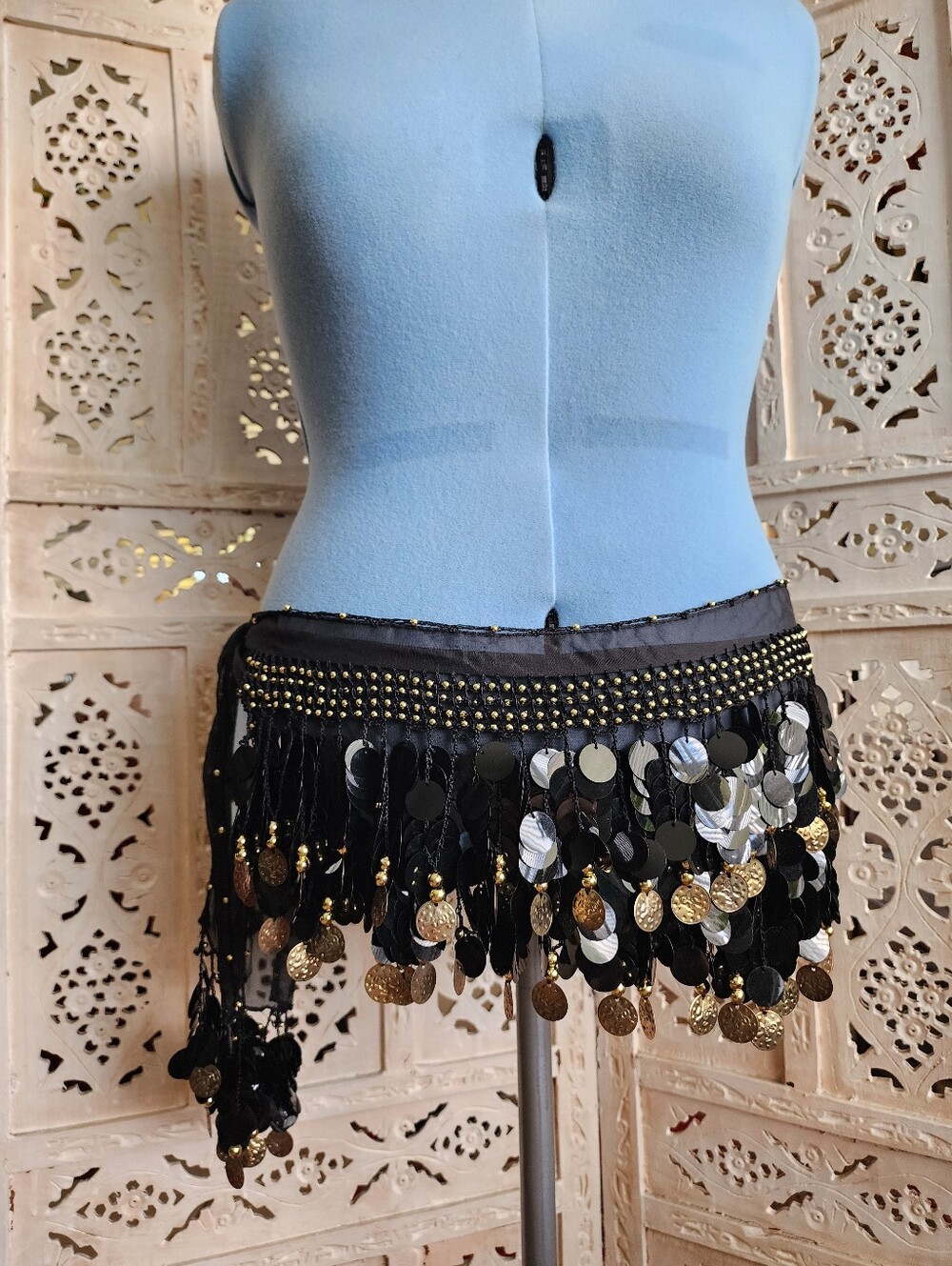 Belly Dancer Hip Scarf Coin Belt- Black & Gold